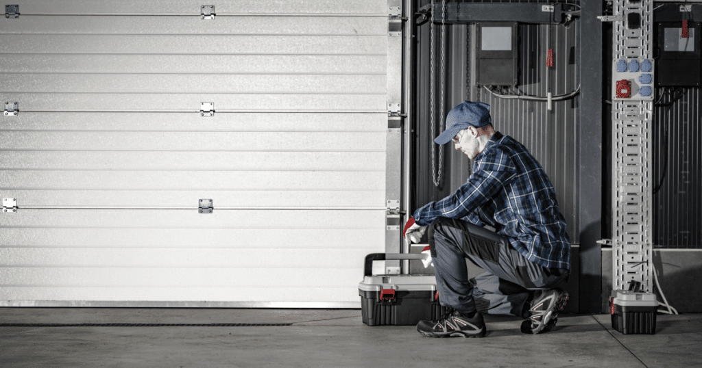 Technician kneeling near garage door repair.