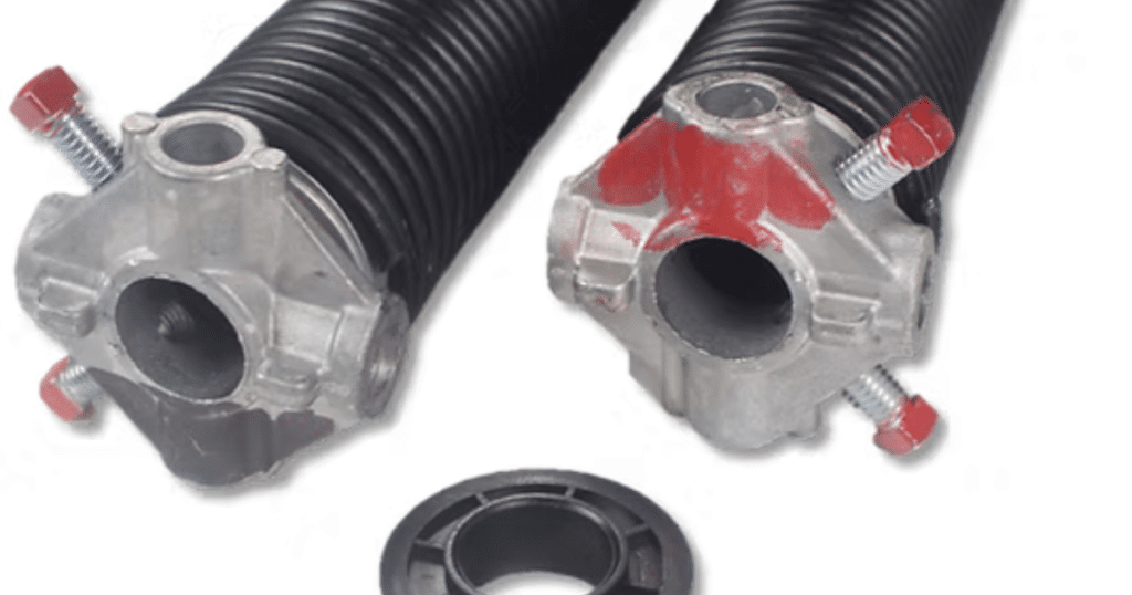 Garage door springs with red bolts and cones.