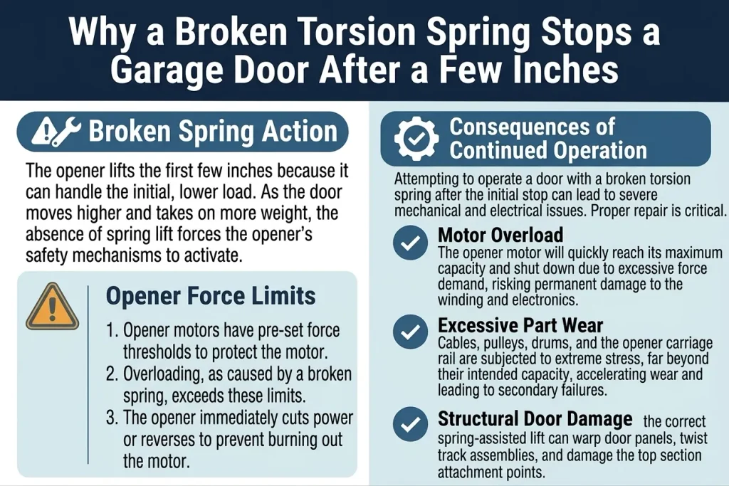 Why a Broken Torsion Spring Stops a Garage Door After a Few Inches